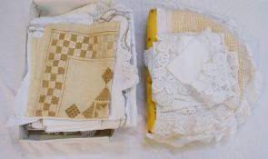 Quantity of table linen, embroidered, crocheted, cut and drawn thread, a lace tea cosy with yellow