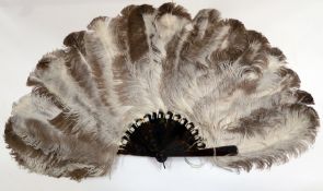 Victorian tortoiseshell and ostrich feather fan, having tortoiseshell sticks with brown and white