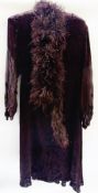Vintage brown panne velvet dress with chiffon sleeves, with applied velvet detail and feather boa (