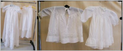 Child's long christening gown, with panel to front and lace detail, and three children's cotton