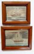 Pair 19th century silk embroideries, showing ships in full sail, framed and glazed, 14 x 19cm (2)