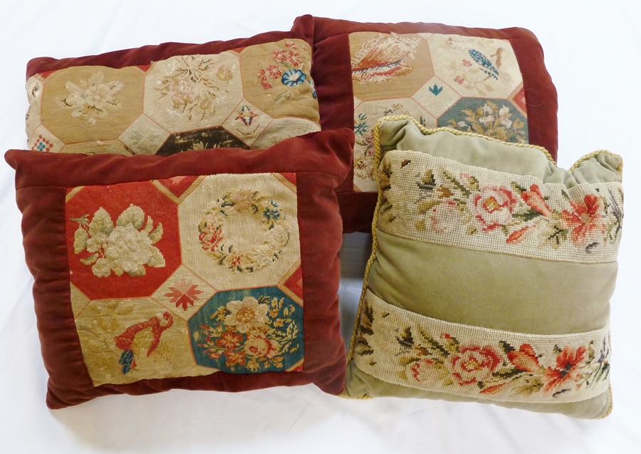 Various needlepoint, tapestry and velvet cushions (1 box)