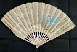 Mother-of-pearl, painted fabric and sparkle fan, painted with cherubs and girl carrying basket of