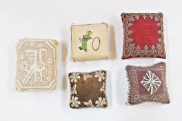 Five Victorian and later pincushions including:- velvet and white beaded, red tapestry and beaded