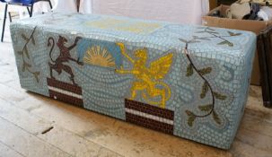 ARR 
A ceramic mosaic art bench by Cevre Mehmet, decorated with Carpe Diem to the top and motif to