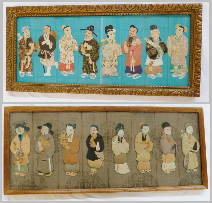 Two Chinese panels with applique figures, with various objects, in wooden frames (2)