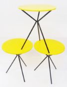 Set of three Conran "spillikins" yellow side tables, circular top to tripod base, 40cm diameter