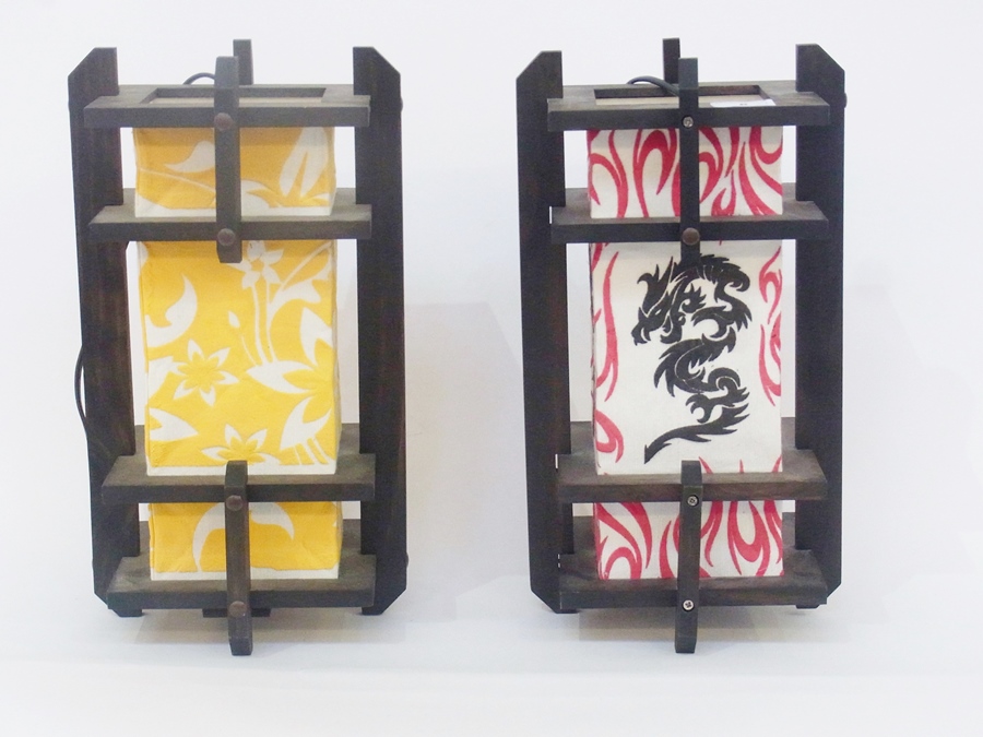 Two modern lamps in the style of Japanese lanterns, with decorated canvas shades (2)