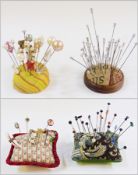 Quantity Shorter hatpin stands including many metal, diamante, one with Murano style white and