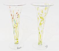Pair LSA tall trumpet-shaped glass vases with floral decoration, signed, "I.H.B. and Jan 09/
