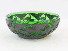 Art Nouveau green glass bowl with pewter mount, relief leaf decorated, 21cm diameter