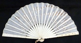 Four bone and ivorine small fans, viz:- one painted with 1930s/40s couple dancing, one painted