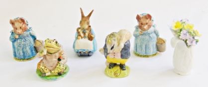 Five Beatrix Potter figures to include:- "Mr Jeremy Fisher", "Mrs Rabbit and Bunnies", "Tommy