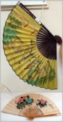 Chinese wooden, painted and paper fan, decorated with Chinese ladies in garden and another