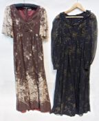 A black late 1960's chiffon dress, printed gold pattern, a cotton Anna Roose maxi dress, brown and
