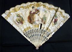 Bone and paper fan, the pierced sticks foliate decorated, the paper printed and painted with Spanish