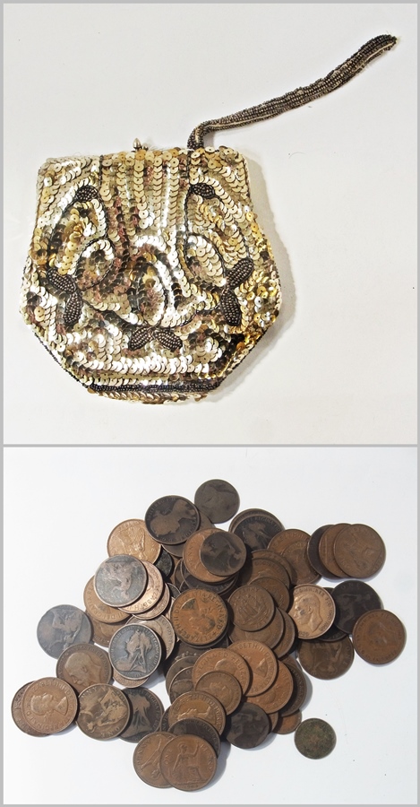 Sequin evening bag, containing quantity of old pennies and other copper coins