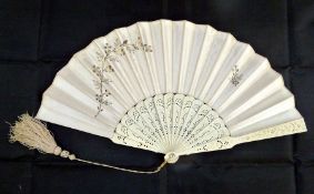 Victorian pierced bone and satin fan, decorated with silver and gold sparkles, another painted