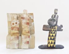 Two 20th century abstract ceramic sculptures, one of warrior figure with shield and another of a