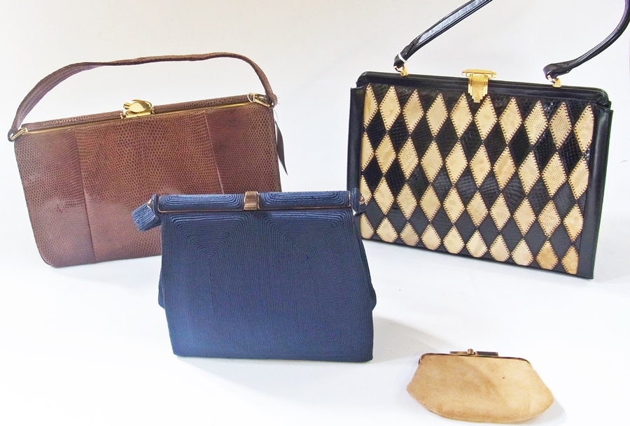 Brown snakeskin handbag, Lodix black and cream leather handbag and blue handbag (3)