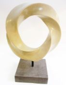 Modern resin circular hoop sculpture on plinth base, unsigned, 70cm high