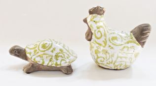 A studio pottery tortoise with decorated shell and similar chicken (2)