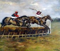 Oil 
Clodagh Gavos
"Dawn Run", horse racing scene, signed and dated 1982, 50 x 48cm