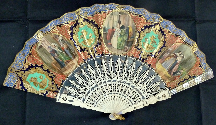 Nineteenth century mother-of-pearl and silver metal inlaid bone fan, the guard sticks pierced,