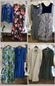 Feminella green wool coat, Burberry raincoat, Frank Usher blue printed skirt and blouse and 5