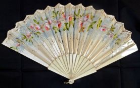 Bone and satin fan, painted with rose briar, another bone and net fan, floral painted (2)