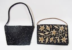 Black beaded evening bag and another with gold handle and flower decoration (2)