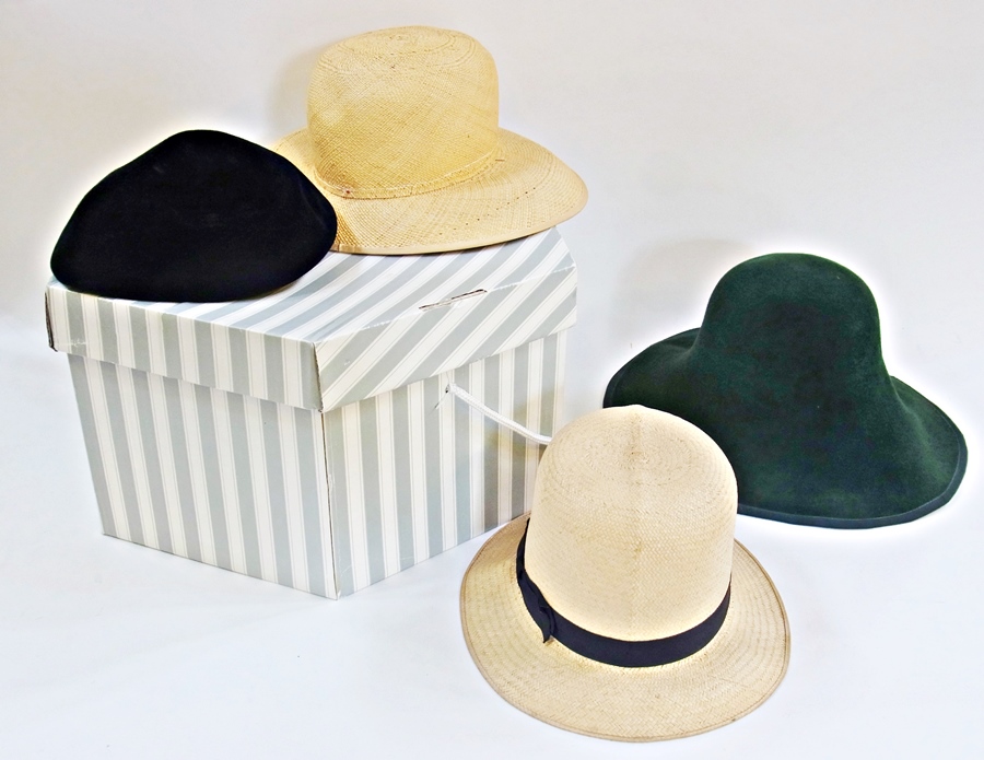 Sandra Phillips of London green hat, Sunson beret, and two sun hats in hatbox