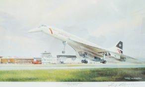 Framed and mounted print of Concord at Farnborough by Terry Harrison, pencil signed to margin