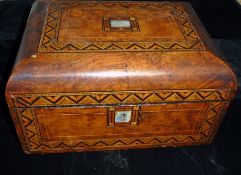 Victorian walnut Tunbridge banded and mother-of-pearl inlaid workbox, 28cm, (interior missing)