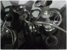 Two silverplated toastracks, candlestick, other plated items and two pewter tankards (1 box)