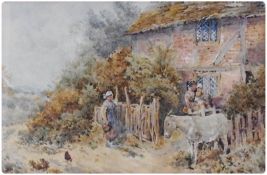 Watercolour 
A Rural cottage scene with donkey, 14 x 22cm