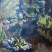 20th century oil on board 
Unattributed, initialled "HJ"
River landscape with lilies and 
Oil on