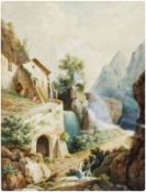 Watercolour 
Continental School 
Unattributed 
Mountainous village scene with waterfall running