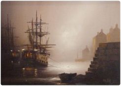 Oil on canvas 
Barry Hilton 
Harbour at dusk with sailing galleon, rowing boat at quayside steps,