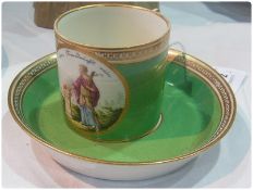 Vienna porcelain cabinet cup and saucer, the cylindrical cup painted with oval medallion, Greek