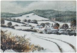 Watercolour 
James B. Kinnear (?) (indistinctly signed)
Winter snowy farm scene, entitled "Farm at