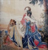 Late 19th/early 20th century woolwork tapestry
Mother and daughter stroking dog