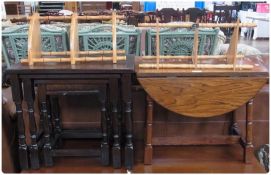 Modern stained oak nest of three tables, with oak dropleaf table and two pine kitchen corner