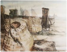 Watercolour drawing, charcoal and wash 
Basil Rowles 
Harbour scene, lobster pots, signed,