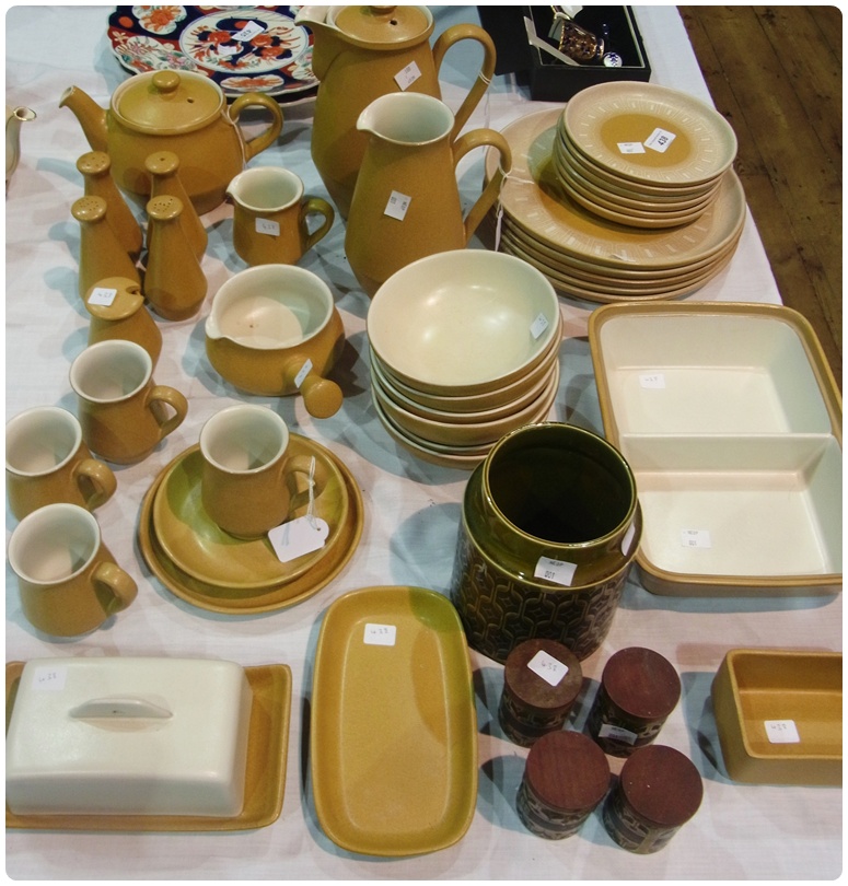Denby stoneware part dinner and tea service, yellow ochre glazed, and five various Hornsea storage