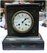 A Victorian black slate mantel clock with enamelled dial, 8-day movement