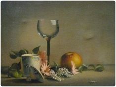 Oil on canvas 
Mary Dipnall 
Still-life of glass, apple and flowers
