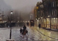 Oil on canvas
John Bampfield
Edwardian evening quayside street scene with moored sailing vessels,