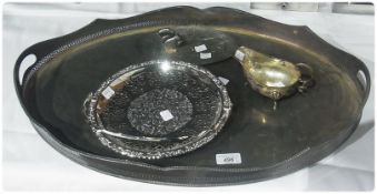 Large silverplate oval tray, scroll pin dish and two other items  (4)