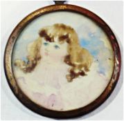 Watercolour 
Head and shoulders miniature of a doll, circa 1909